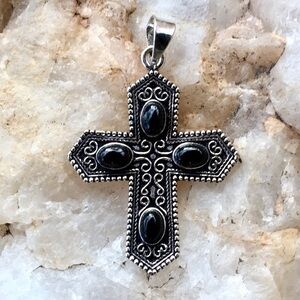 BLACK ONYX Filigree Cross Pendant NWT